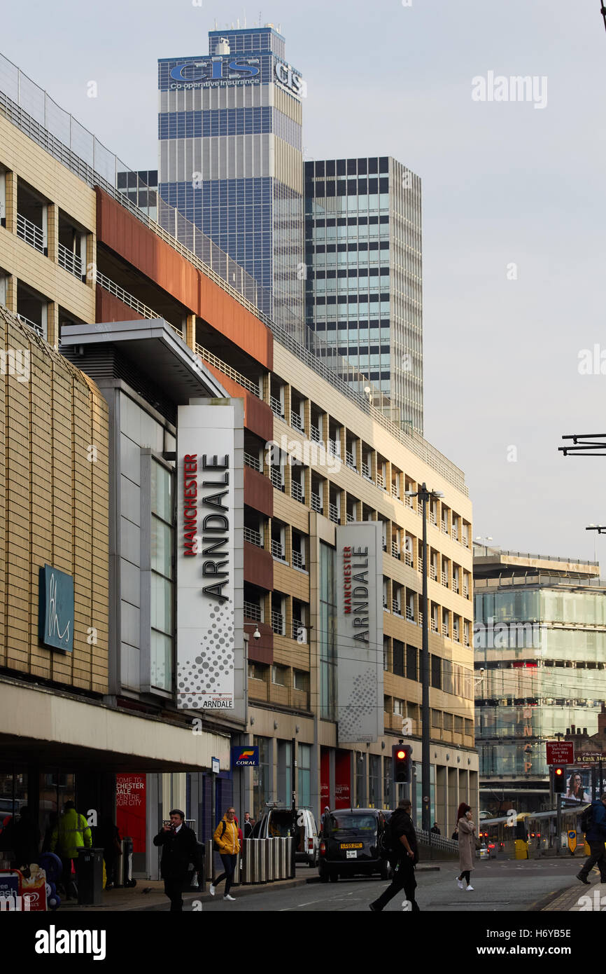 Manchester Arndale CIS tower   landscape cityscape architecture building back exterior shopping complex centre arcade coop tower Stock Photo