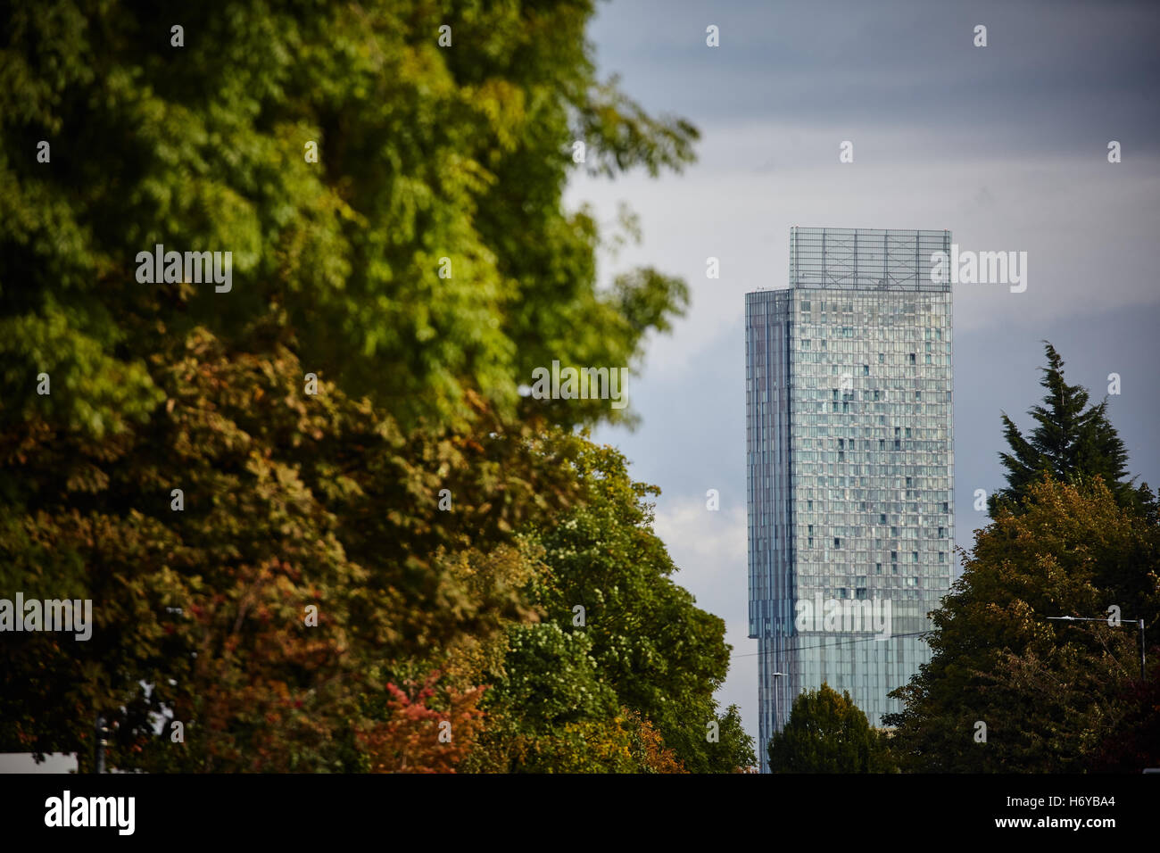 Manchester Beetham Tower Green space   Trees copyspace landmark architecture environmental pretty landscape cityscape tower bloc Stock Photo