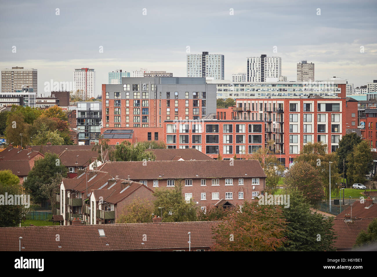 Salford Skyline view flats houses apartments   Housing stock typical view from  Manchester Vimto Park council house  Private Hou Stock Photo