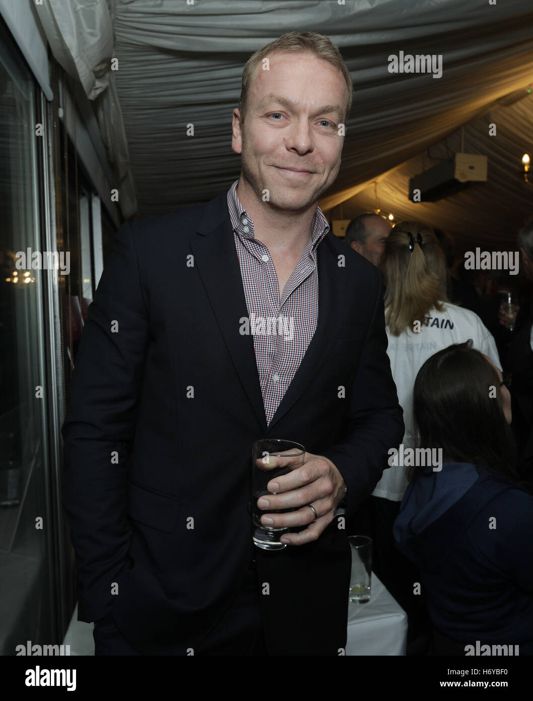 Sir Chris Hoy attends an event to mark the 500,000th National Lottery grant for UK good causes, at the Terrace Pavilion, Houses of Parliament, London, which saw the lantern that Guy Fawkes was holding when he was arrested beneath the House of Lords in 1605 being returned to Parliament for the first time in over 400 years. Stock Photo