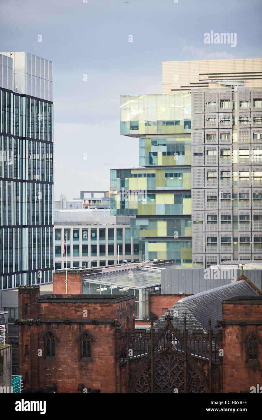 Manchester Skyline Spinningfileds Justice Court   Civil gothic library copyspace businesses district Office space development de Stock Photo