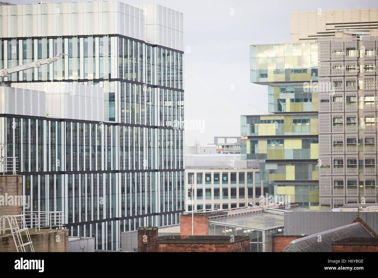 Manchester Skyline Spinning fileds Justice Court   Civil gothic library copyspace businesses district Office space development d Stock Photo