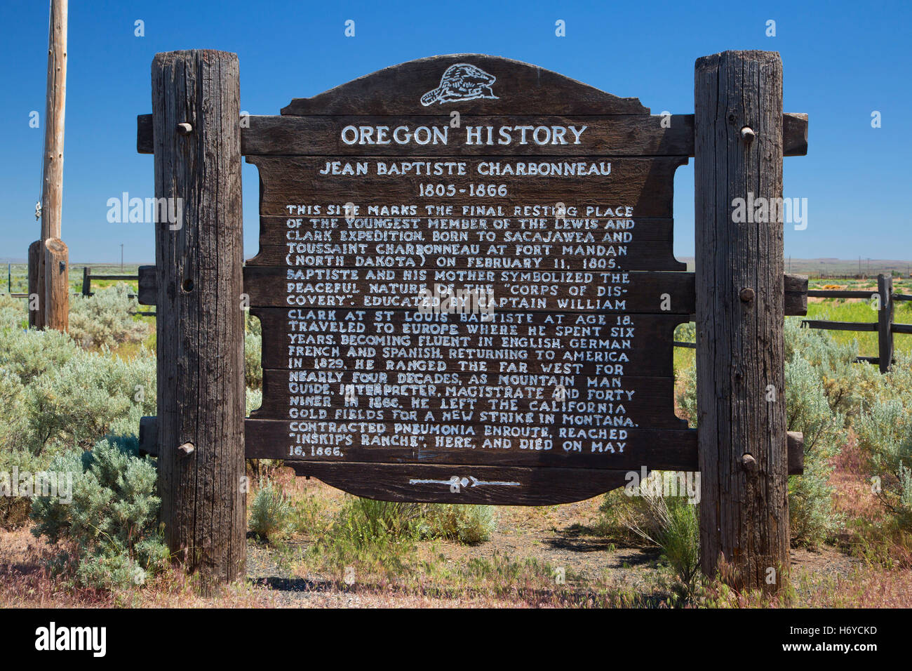 History signboard at Jean Baptiste Charbonneau grave, Danner, Oregon