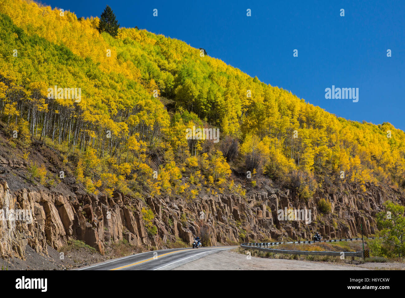 Leadville, Colorado - Motorcycles on US Highway 24 during autumn in the Rocky Mountains. Stock Photo
