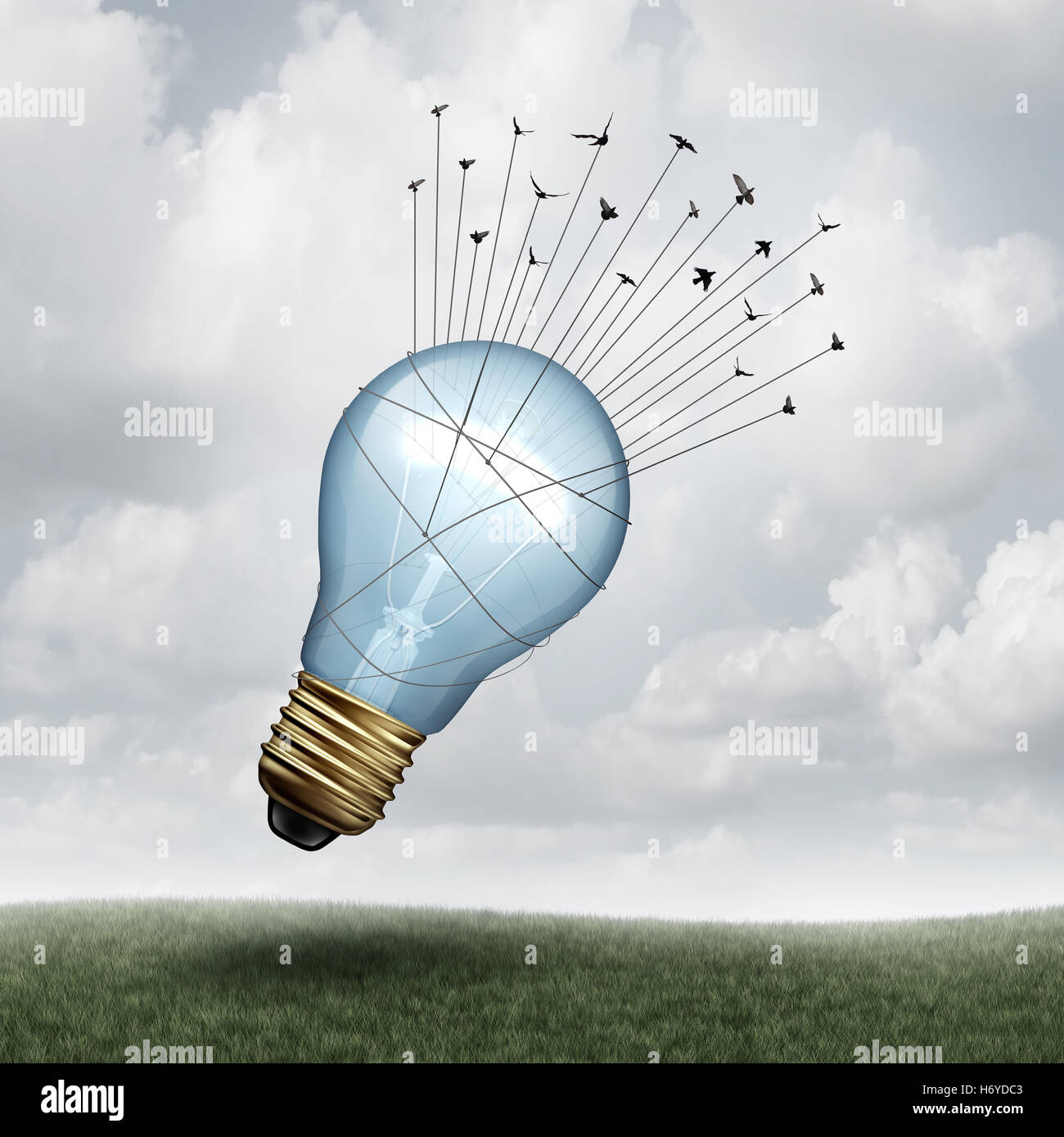 Creative connect and social thinking symbol as a group of birds pulling upward a giant lightbulb as a creativity and inspiration metaphor with 3D illustration elements. Stock Photo
