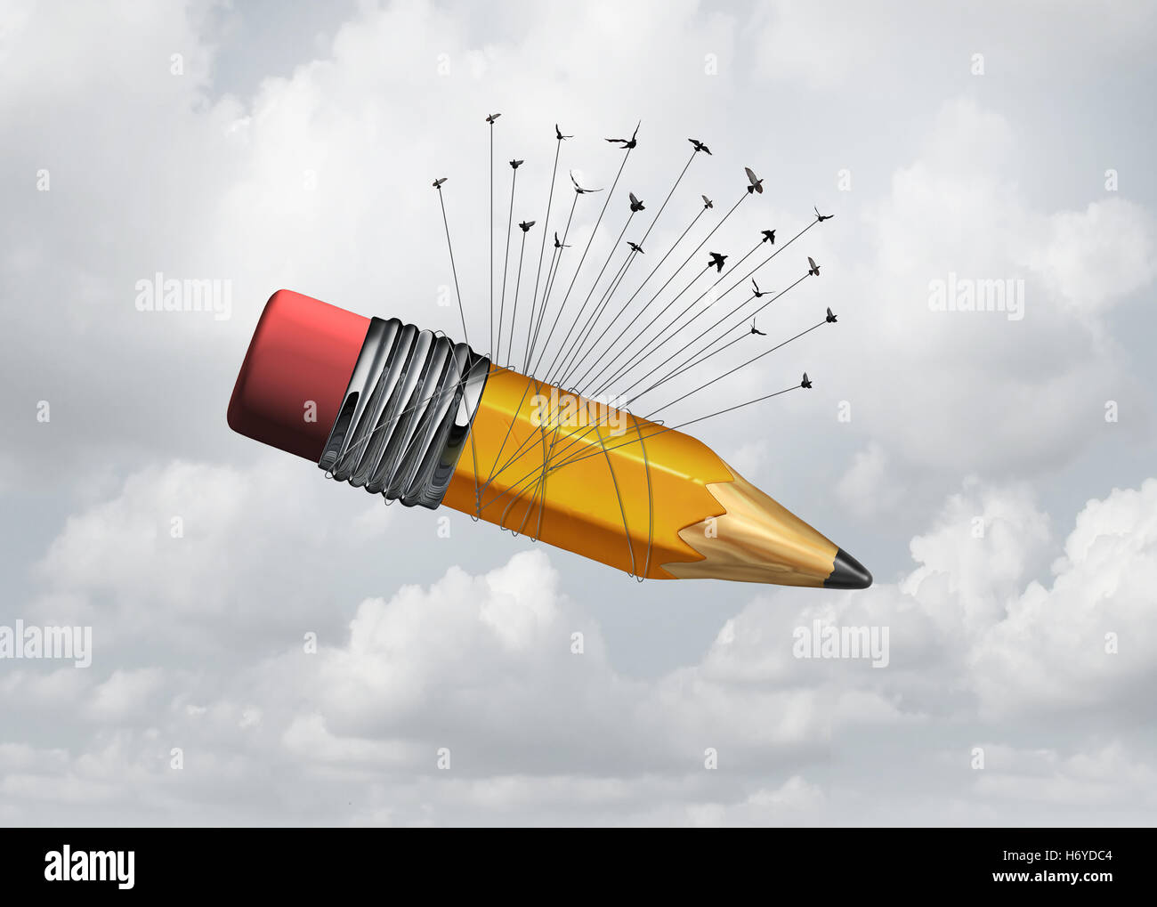Creative cooperation and group collaboration concept as a flock of birds lifting up a giant pencil as an education metaphor of organized success or business symbol for working together with 3D illustration elements. Stock Photo