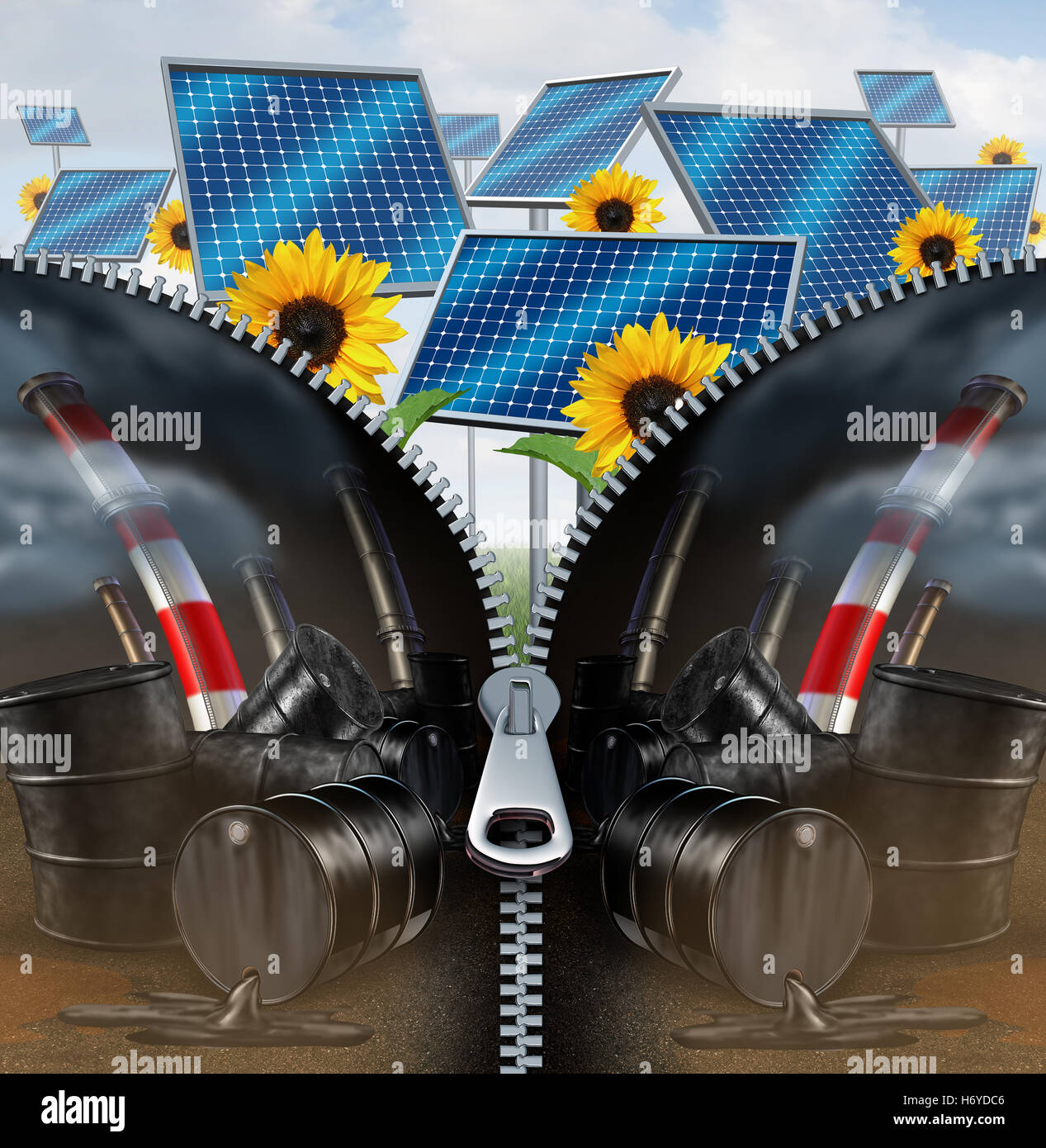 Solar energy and fossil fuel concept as a green clean electric fuel with a zipper removing the old industry of oil cans with dripping petroleum and smoke stacks as a power replacement technology symbol as a 3D illustration on white. Stock Photo
