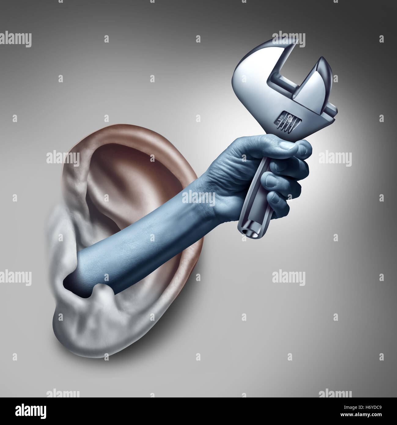 Ear therapy as a medicine medical concept as the hand of a doctor or health specialist treating the human hearing organ as a physician performing an examination for auditory symptoms holding a wrench as a symbol with 3D illustration elements. Stock Photo