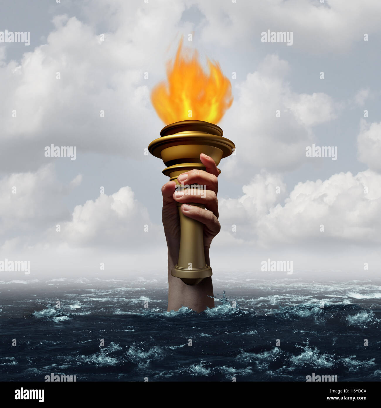 Holding the torch business metaphor as a hand that holds a flame that is sinking in water as a hope and perseverance concept for dependable insurance or courage and endurance with 3D illustration elements. Stock Photo