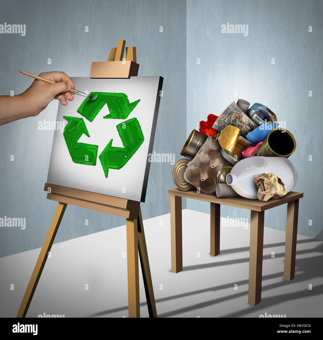Recycling concept as a pile of recyclable trash as plastic,metal and paper with a creative environmentalist painting a recycle symbol on a canvas with 3D illustration elements. Stock Photo