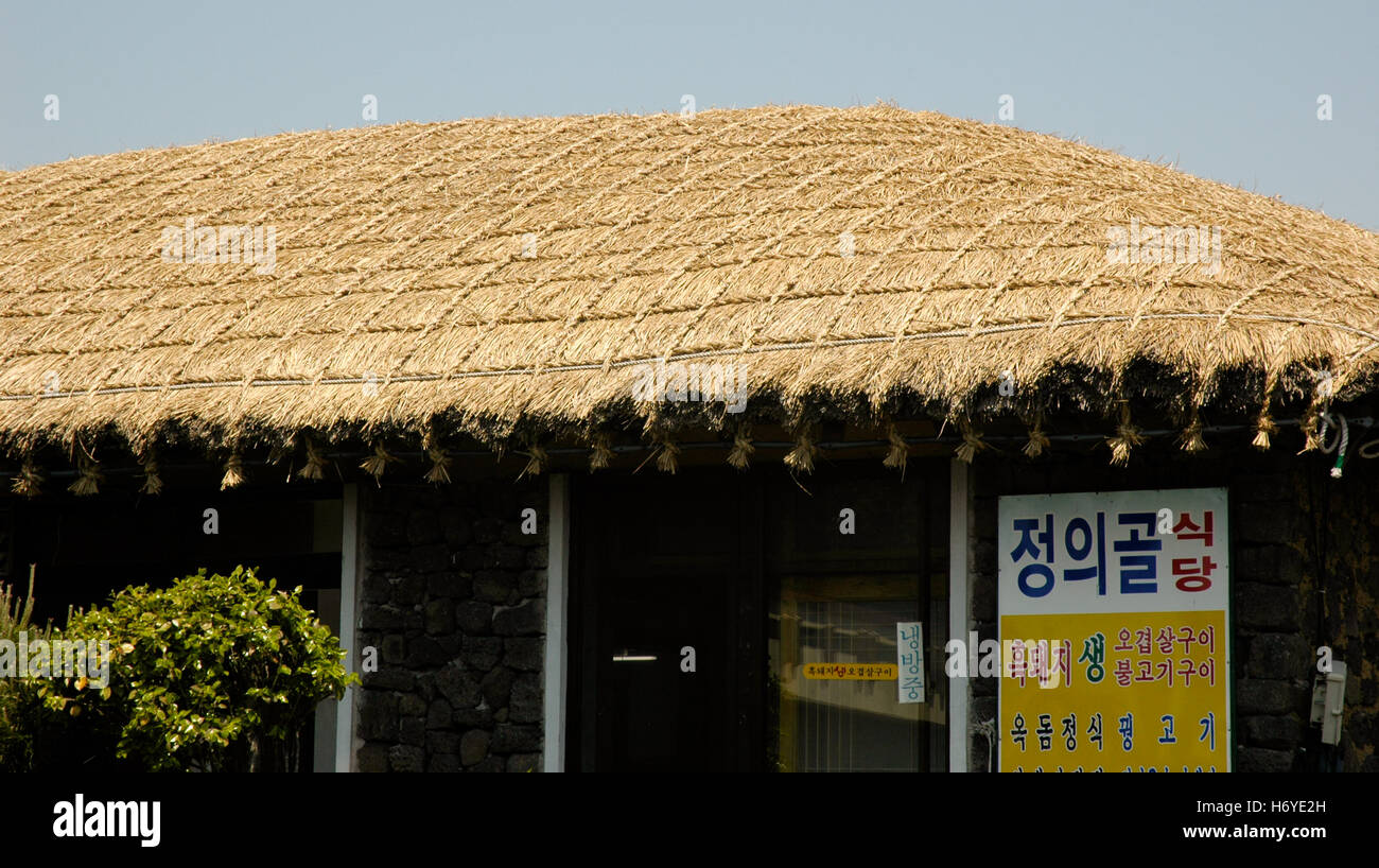 thatched straw roofed house. seongeup folk village. jeju. sth korea Stock Photo