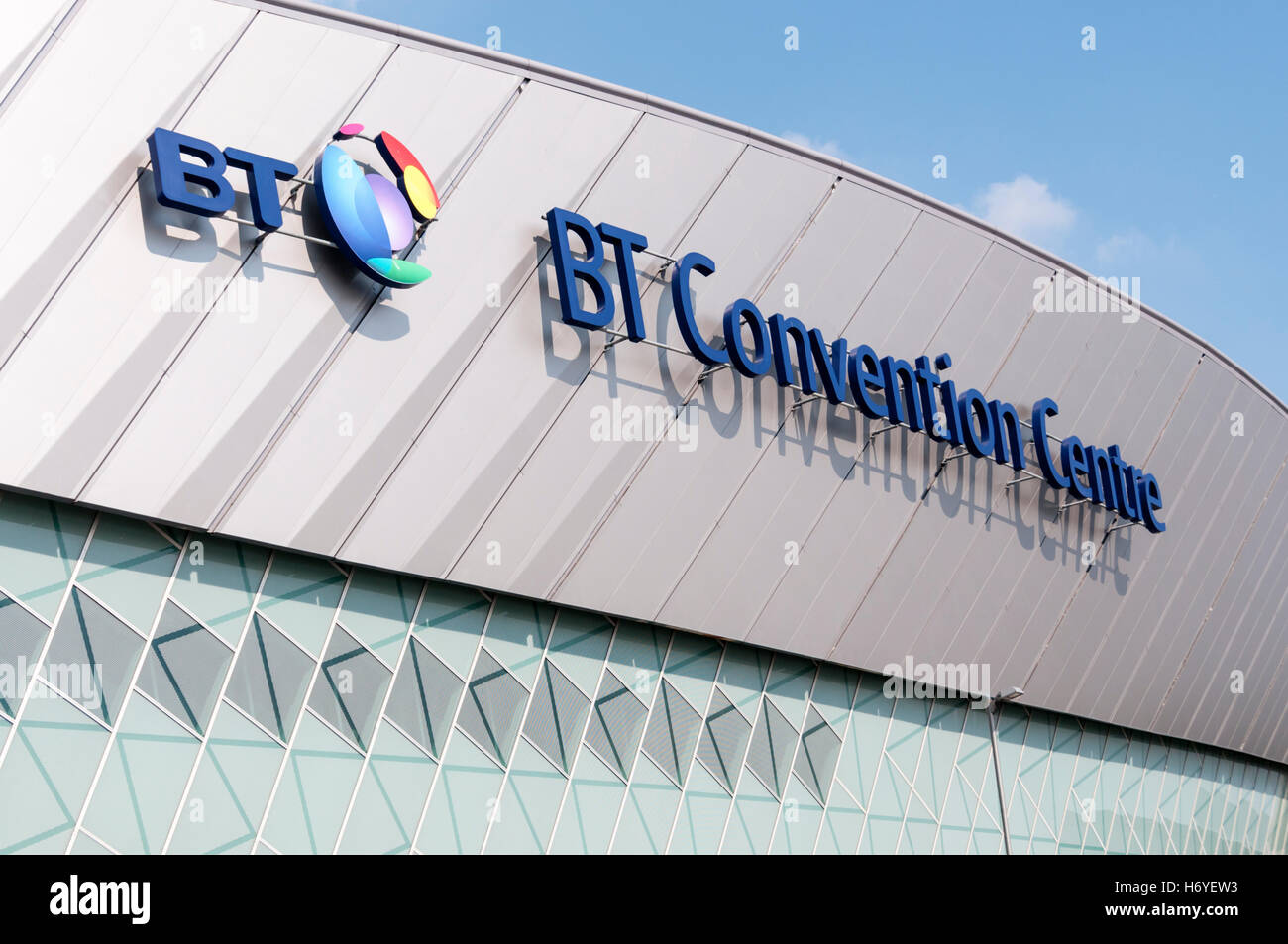 Name and logo on the BT Convention Centre, Liverpool. Stock Photo