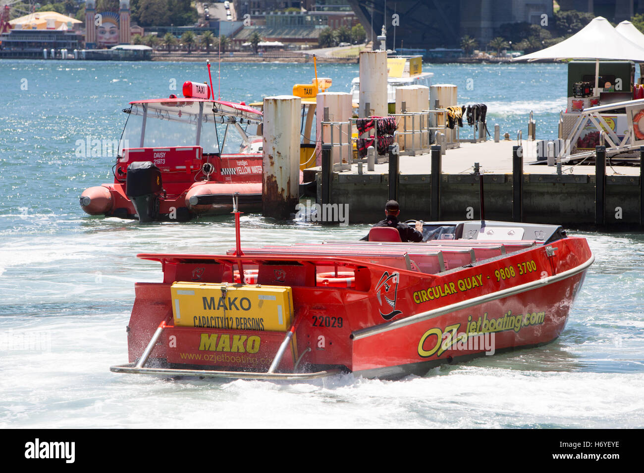 Oz jet speed jetboating on Sydney harbour at circular quay,Sydney,Australia Stock Photo