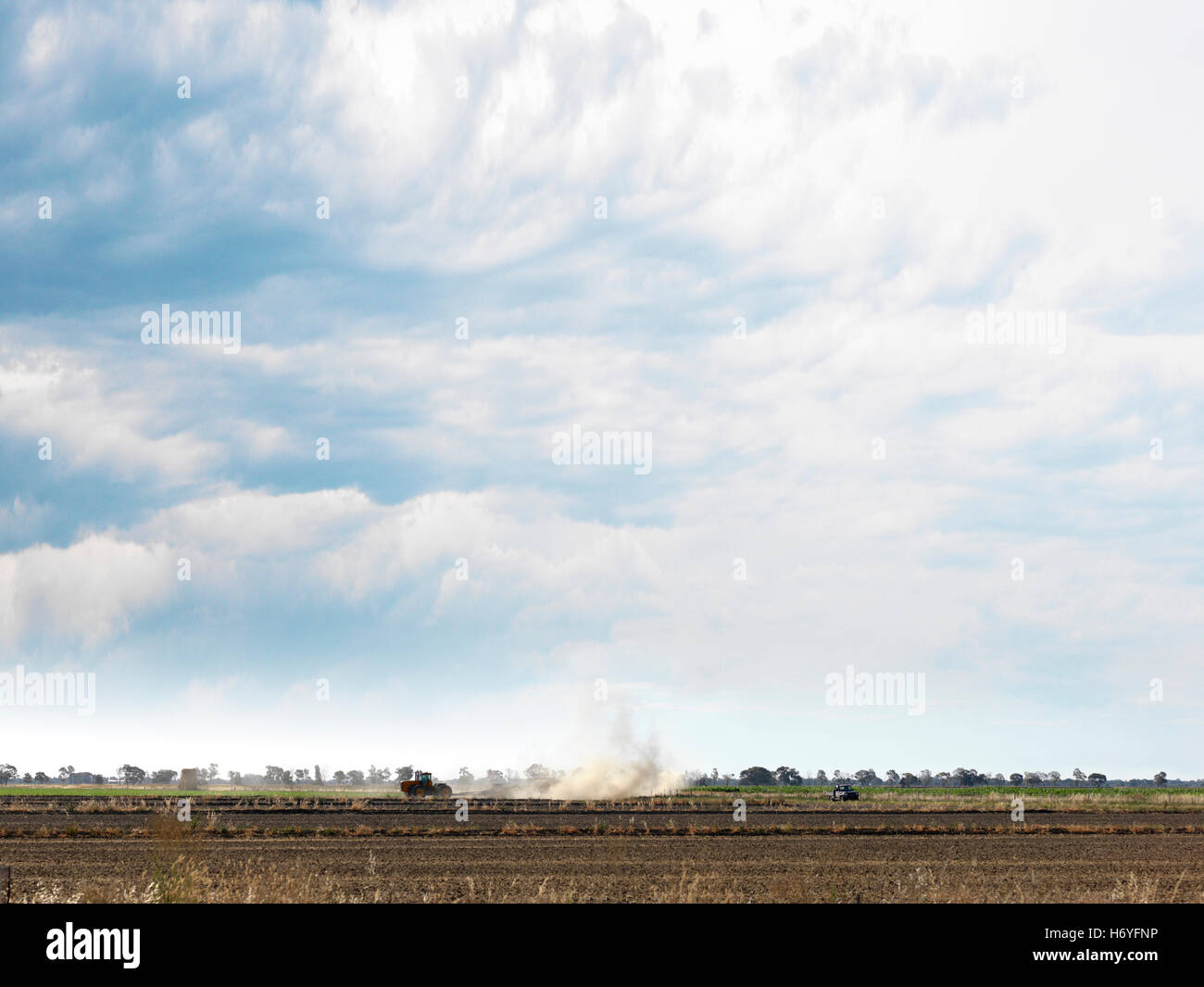 Tractor farming in flat rural field, Echuca, Victoria, Australia Stock