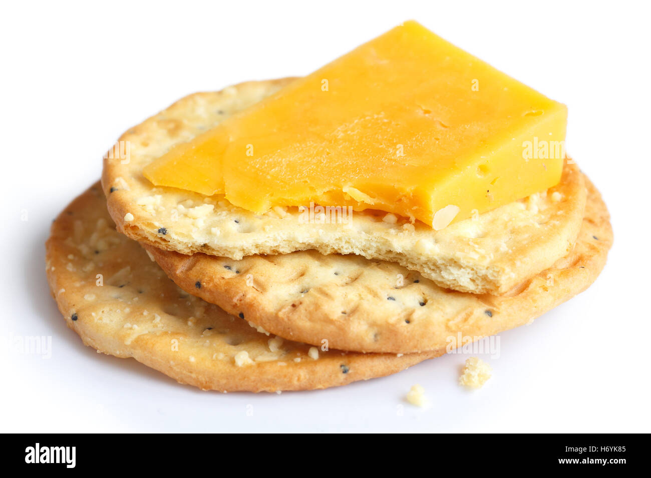 Three golden cheese crackers on white. With cheese Stock Photo Alamy