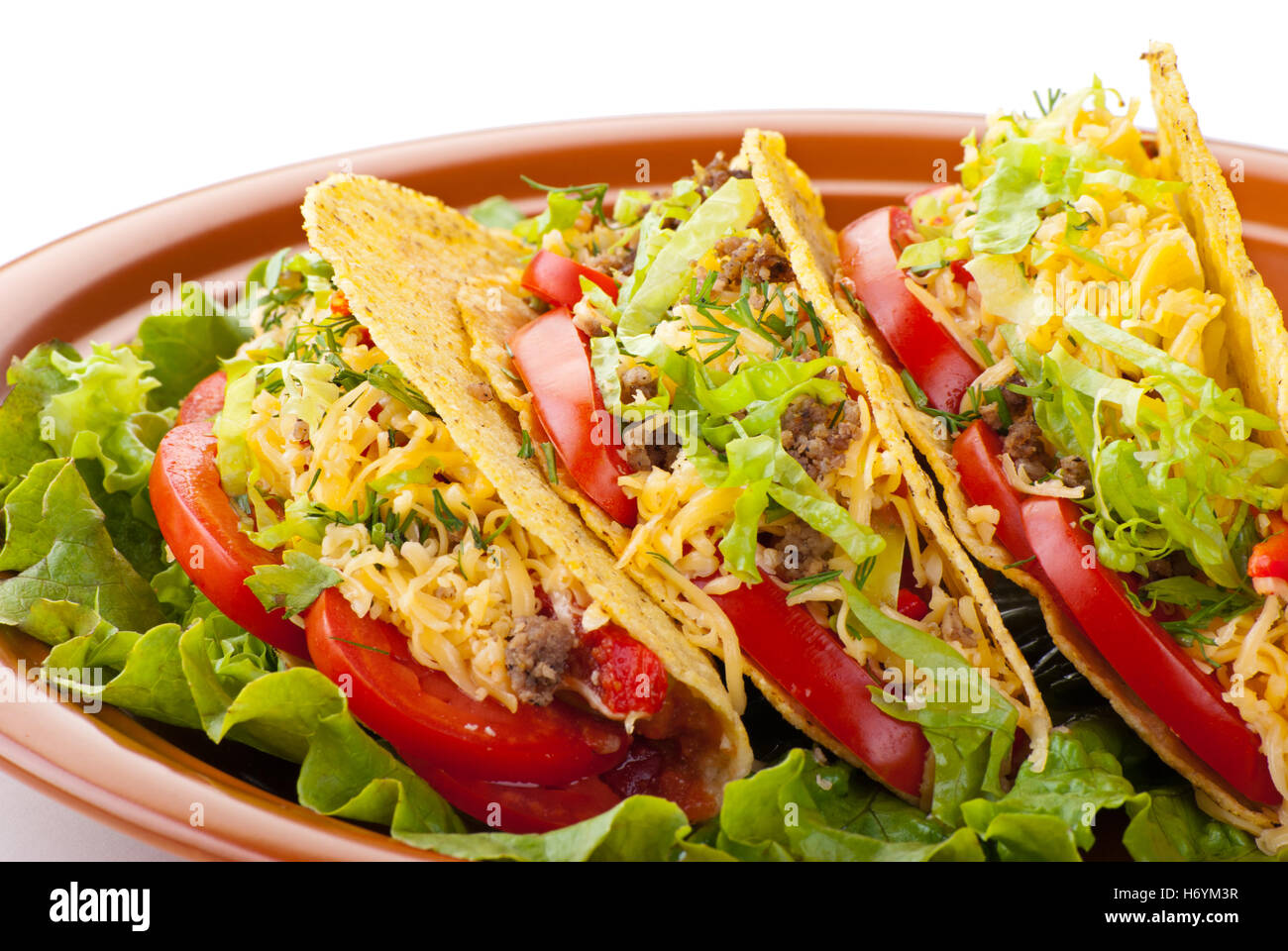 beef tacos with salad and tomatoes salsa Stock Photo
