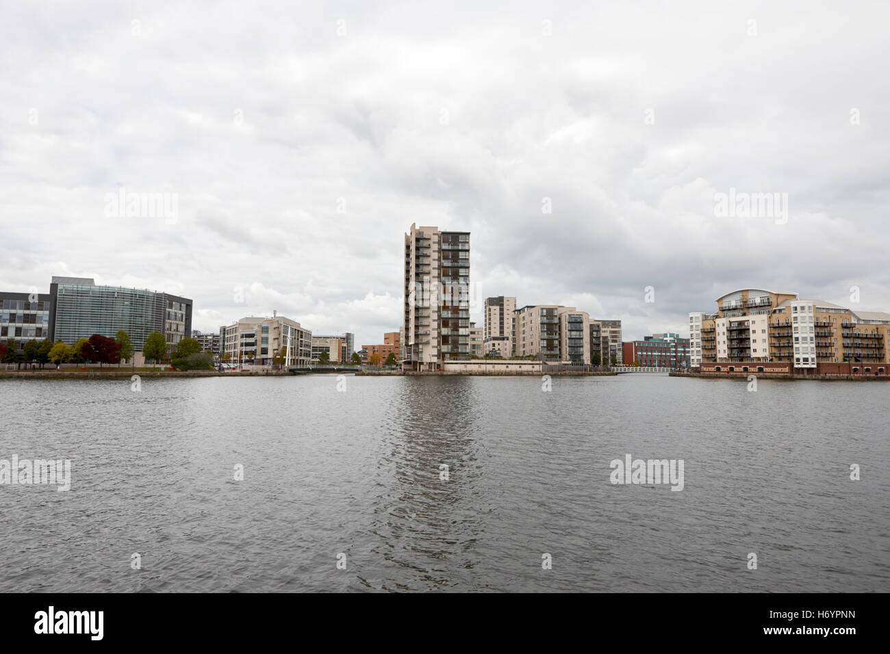 commercial, celestia and adventurers quay luxury apartment buildings on roath basin on overcast day Cardiff bay Wales United Kin Stock Photo