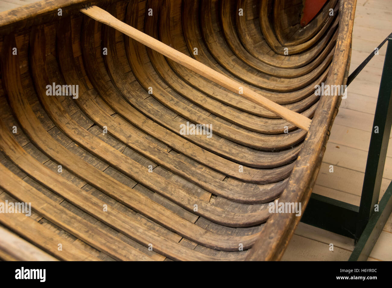 New York, Clayton, Antique Boat Museum. Classic birch bark canoe. Editorial only. Stock Photo