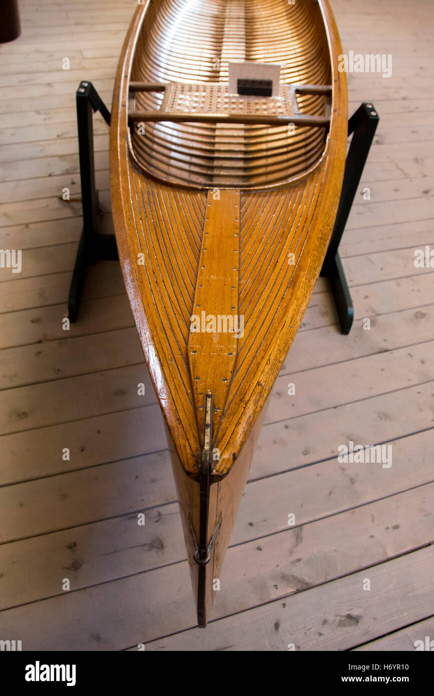 New York, Clayton, Antique Boat Museum. Vintage 1893-1905 Smoothskin Lakestrake Canoe. Editorial only. Stock Photo