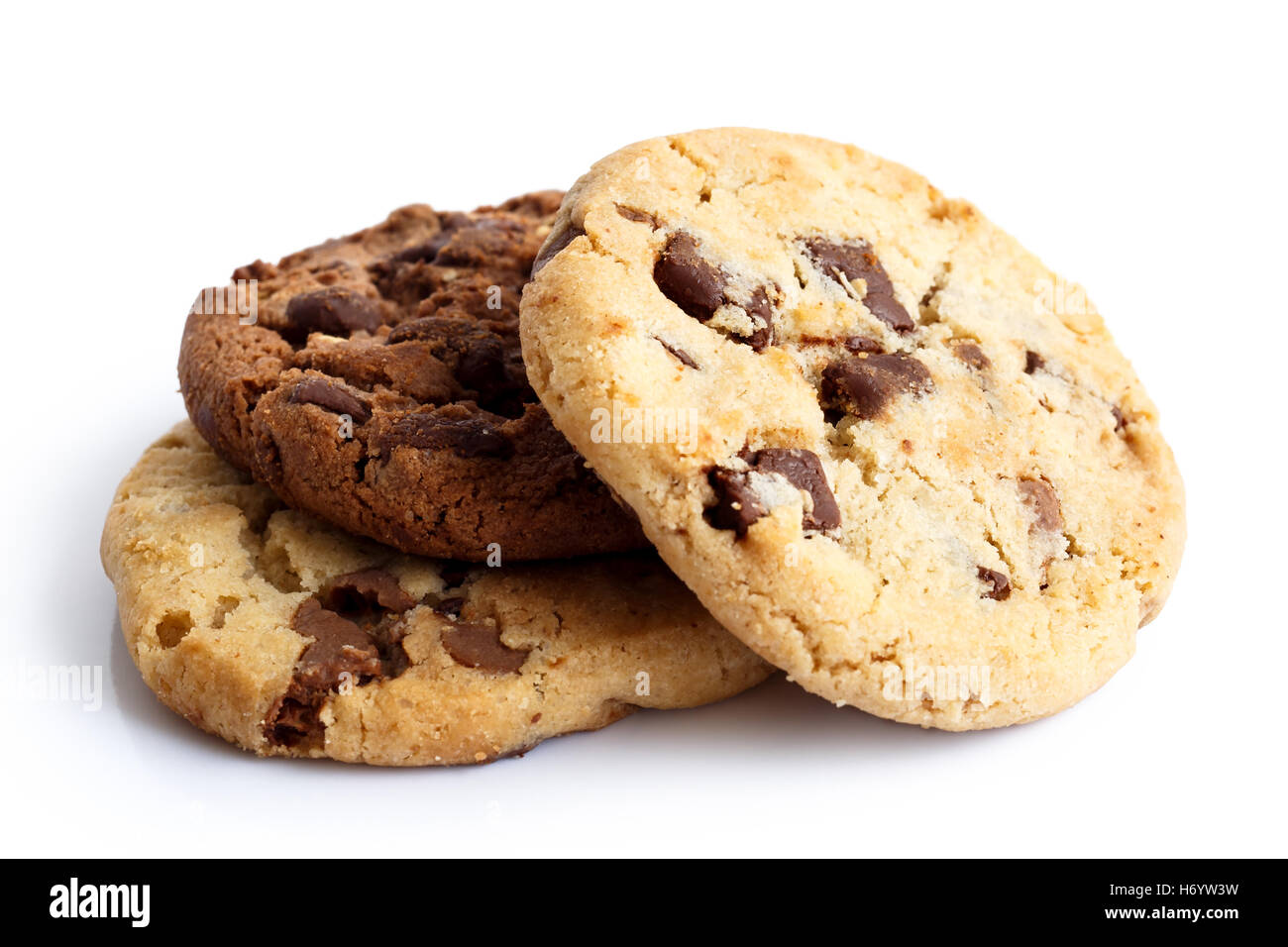 Light and dark chocolate chip cookies isolated on white. In perspective. Stock Photo