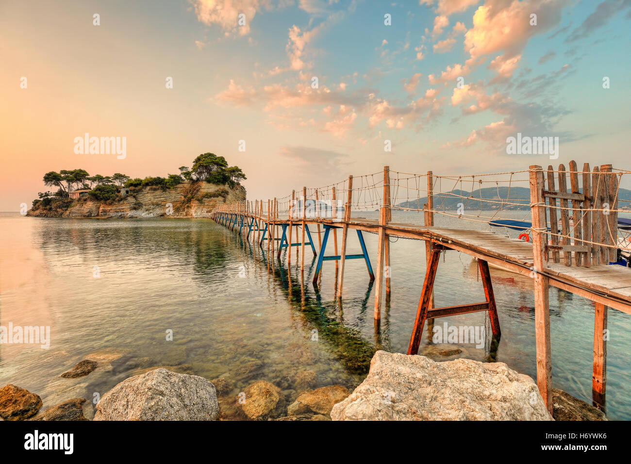 The sunrise at Agios Sostis Island  (Cameo) in Zakynthos, Greece Stock Photo
