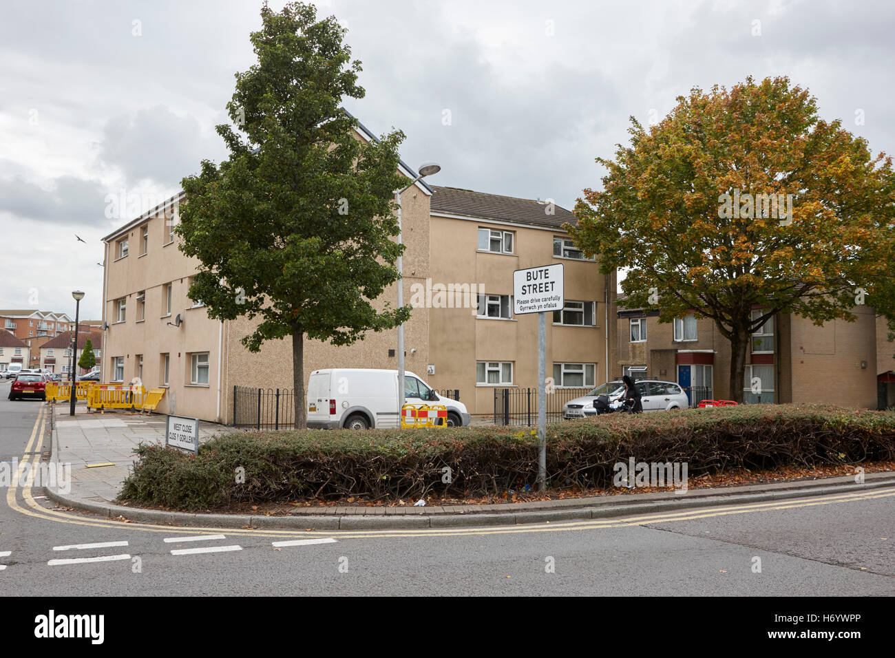 social housing area of butetown bute street and west close Cardiff bay Wales United Kingdom Stock Photo
