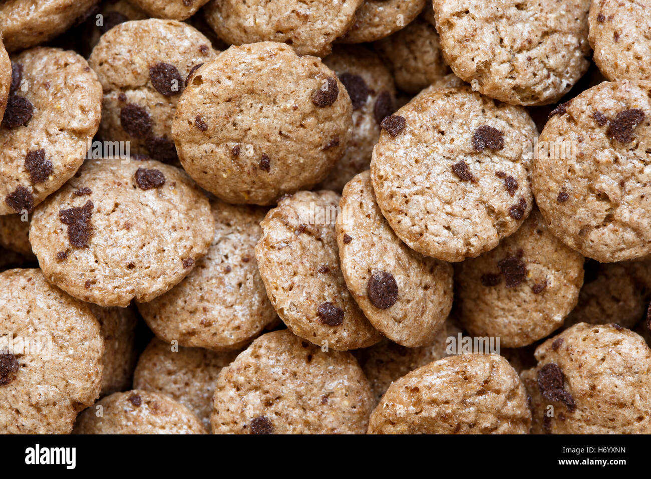 Background of chocolate chip cookies cereal from above. Stock Photo