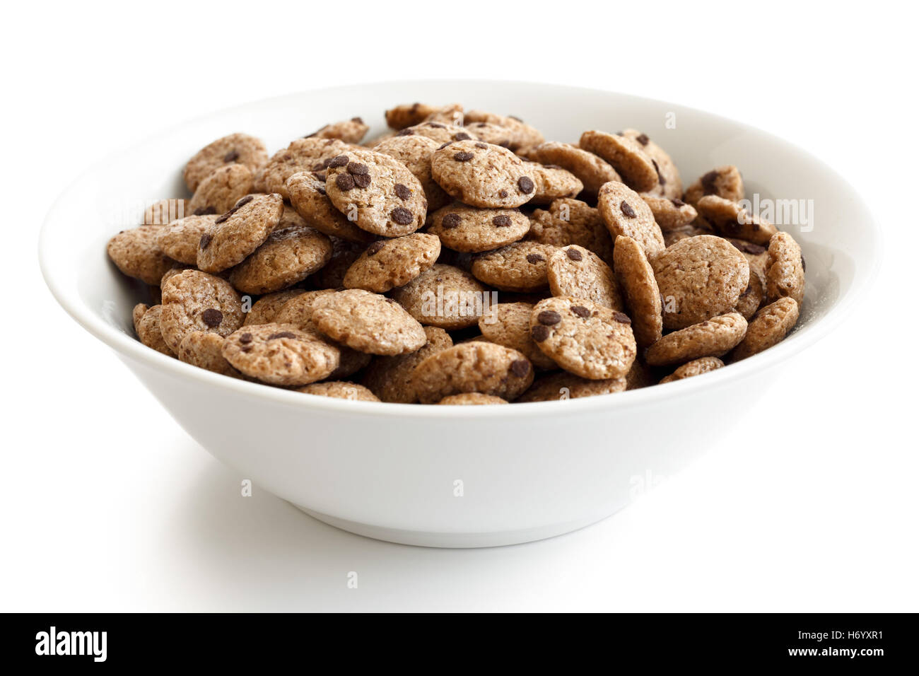 Bowl of chocolate chip cookies cereal isolated on white. Stock Photo