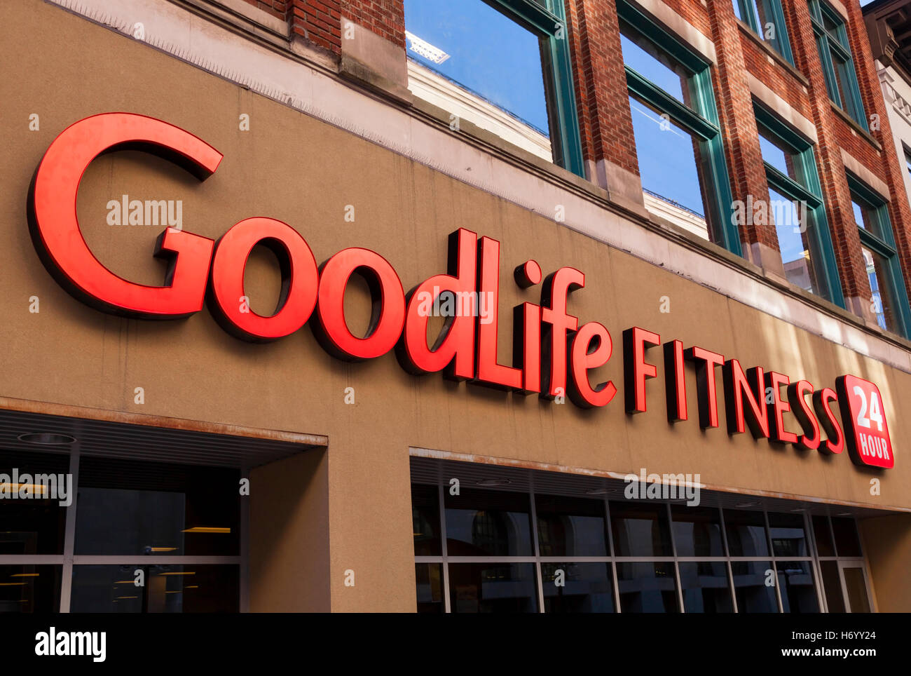 The logo and sign at a GoodLife Fitness gym in Ottawa, Ontario, Canada. Stock Photo
