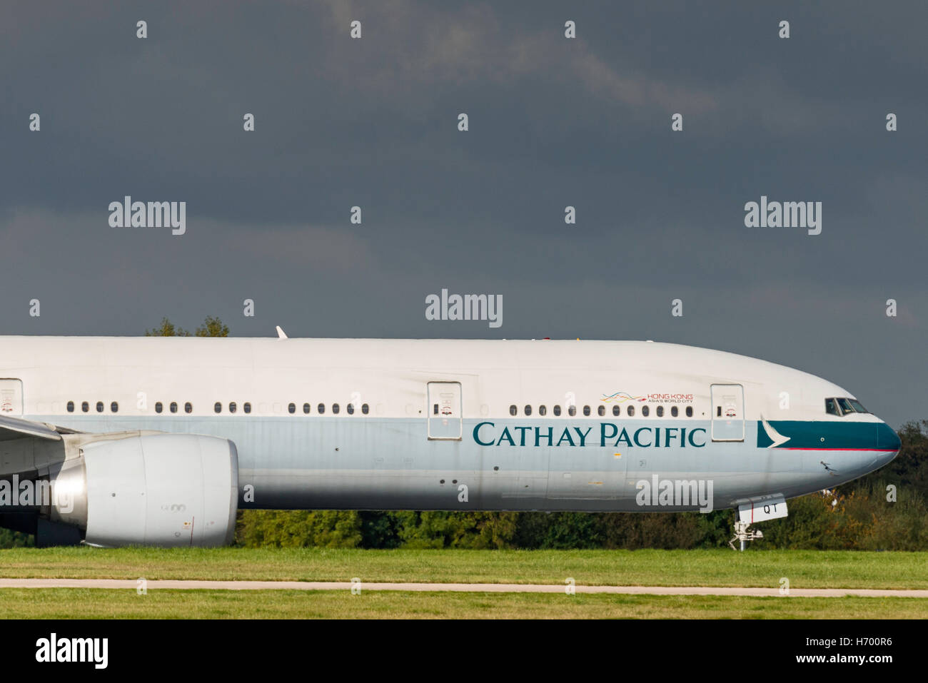 Boeing 777-367ER B-KQT Cathay Pacific Airways Manchester Airport England.Arrivals. departures. Stock Photo