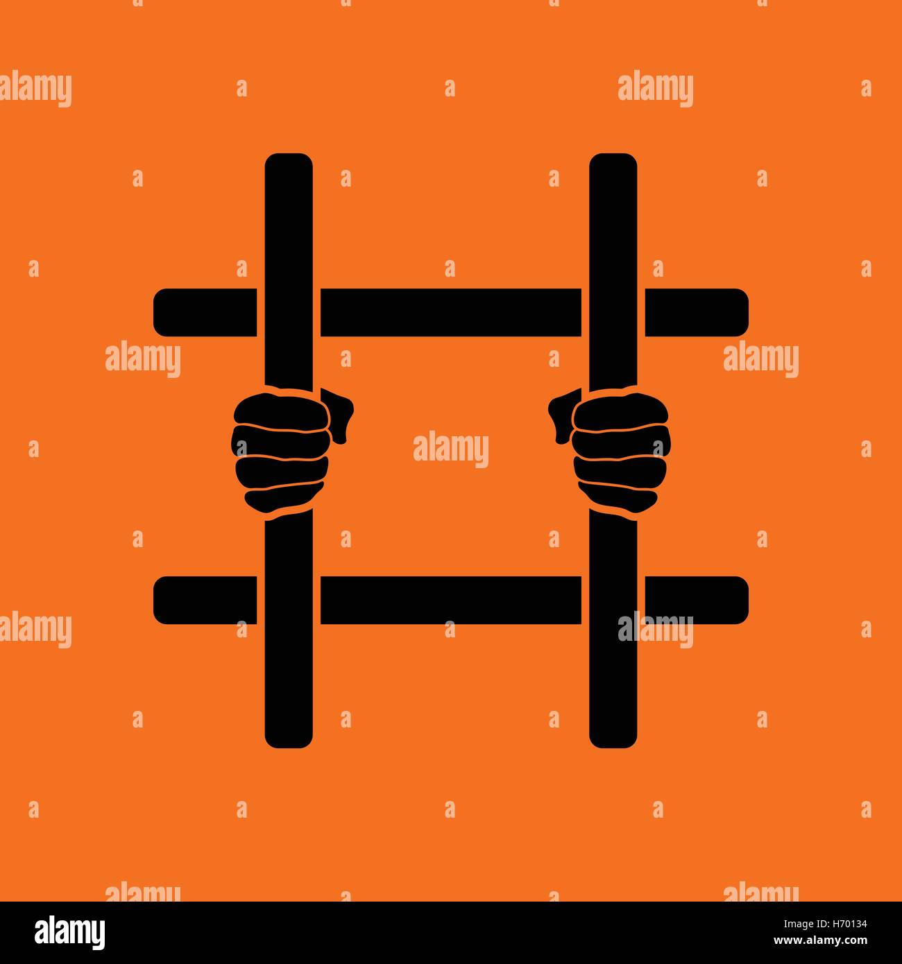 Hands holding prison bars icon. Orange background with black. Vector illustration. Stock Vector