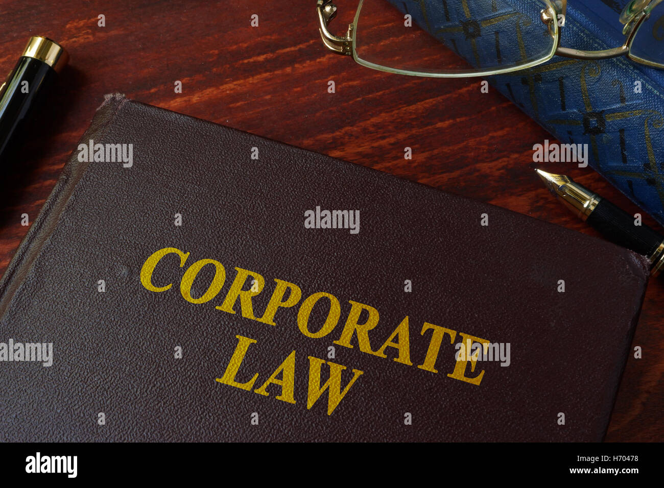 Book with title corporate law on a table. Stock Photo