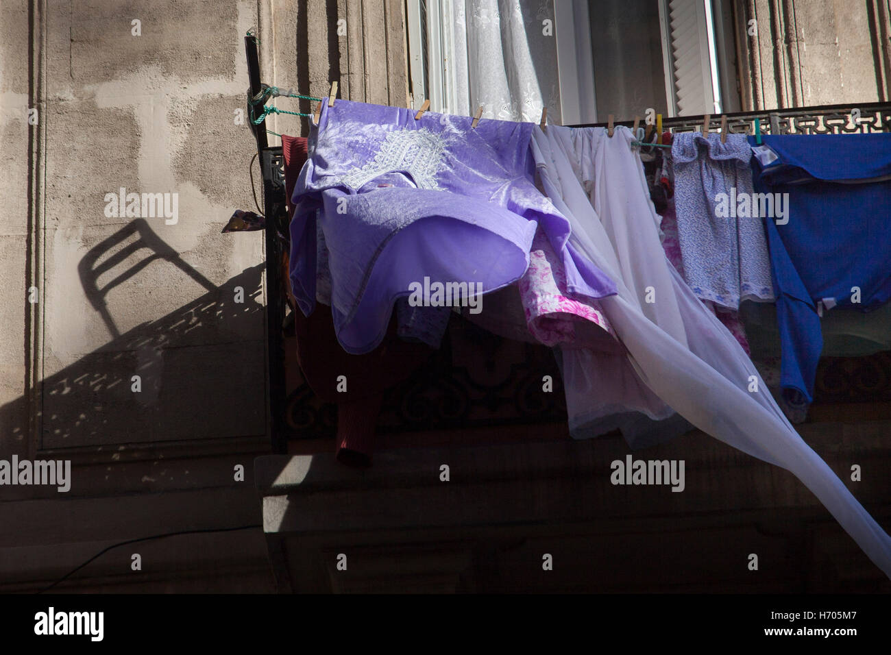 Clothes drying on a balcony in Marseille, France Stock Photo