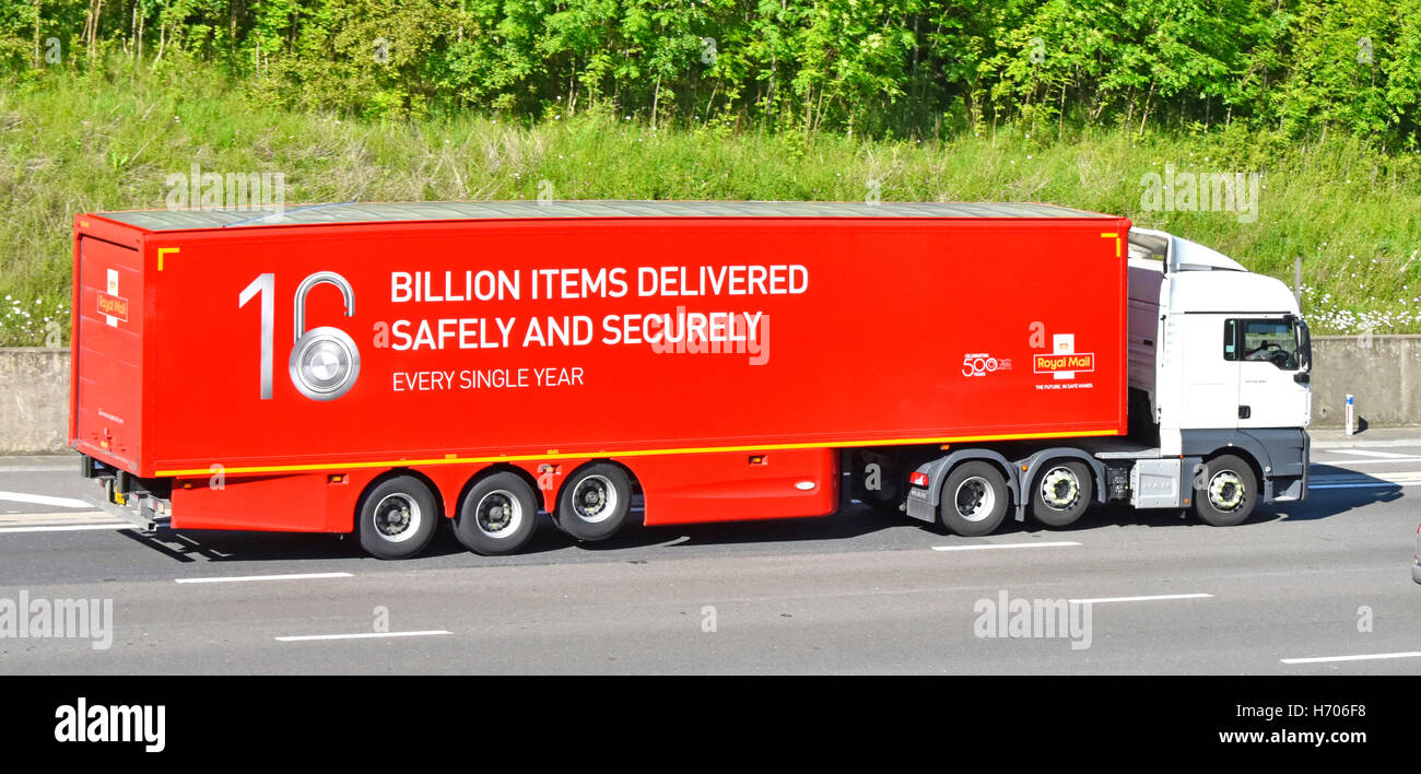 Transportation logistics Royal Mail hgv lorry & red articulated trailer driving on UK motorway advertising its16 billions items delivered every year Stock Photo