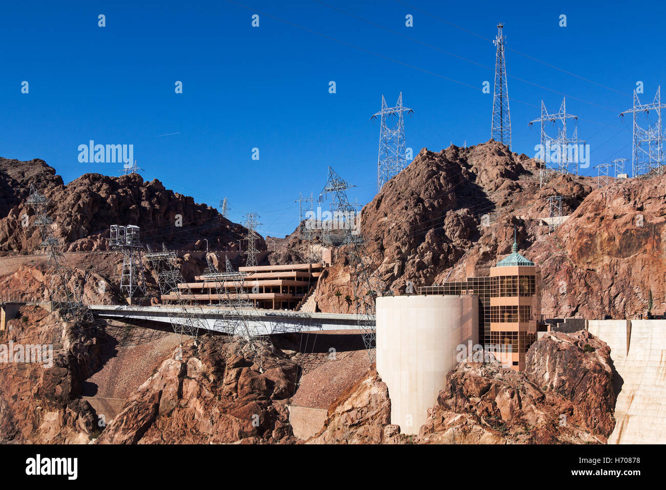 Hoover Dam visitor center and parking garage with old highway winding