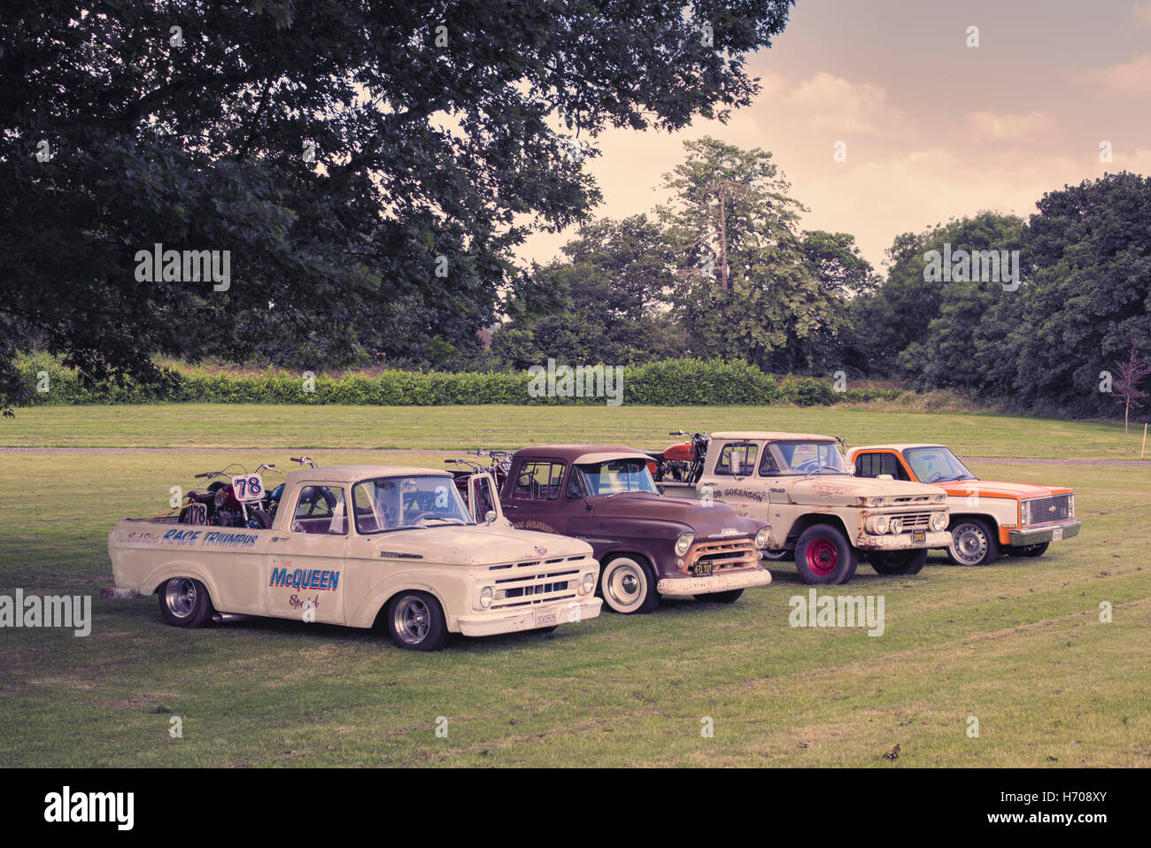Vintage American pick up trucks at Malle, The Mile Racing event. London. Vintage / Retro filter applied Stock Photo