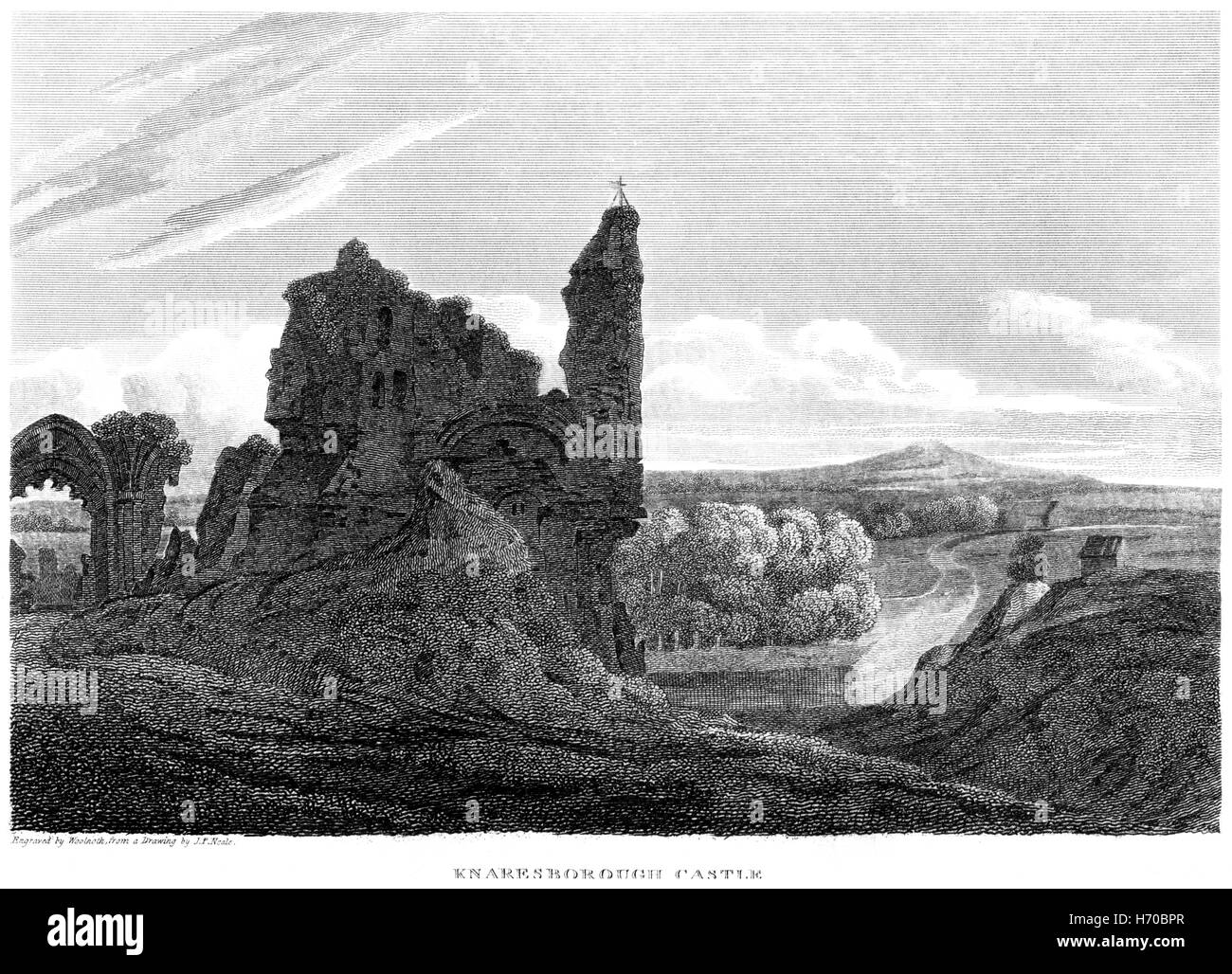 An engraving of Knaresborough Castle, Yorkshire scanned at high resolution from a book printed in 1812. Believed copyright free. Stock Photo