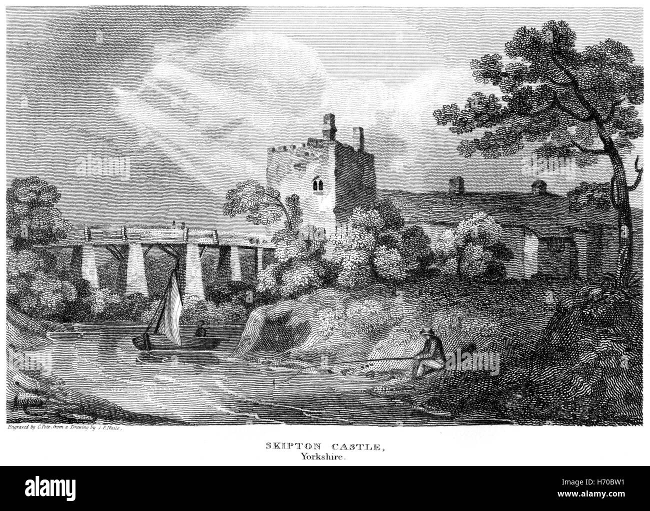 An engraving of Skipton Castle, Yorkshire scanned at high resolution from a book printed in 1812. Believed copyright free. Stock Photo