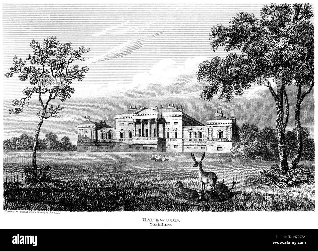 An engraving of Harewood House, Yorkshire scanned at high resolution from a book printed in 1812