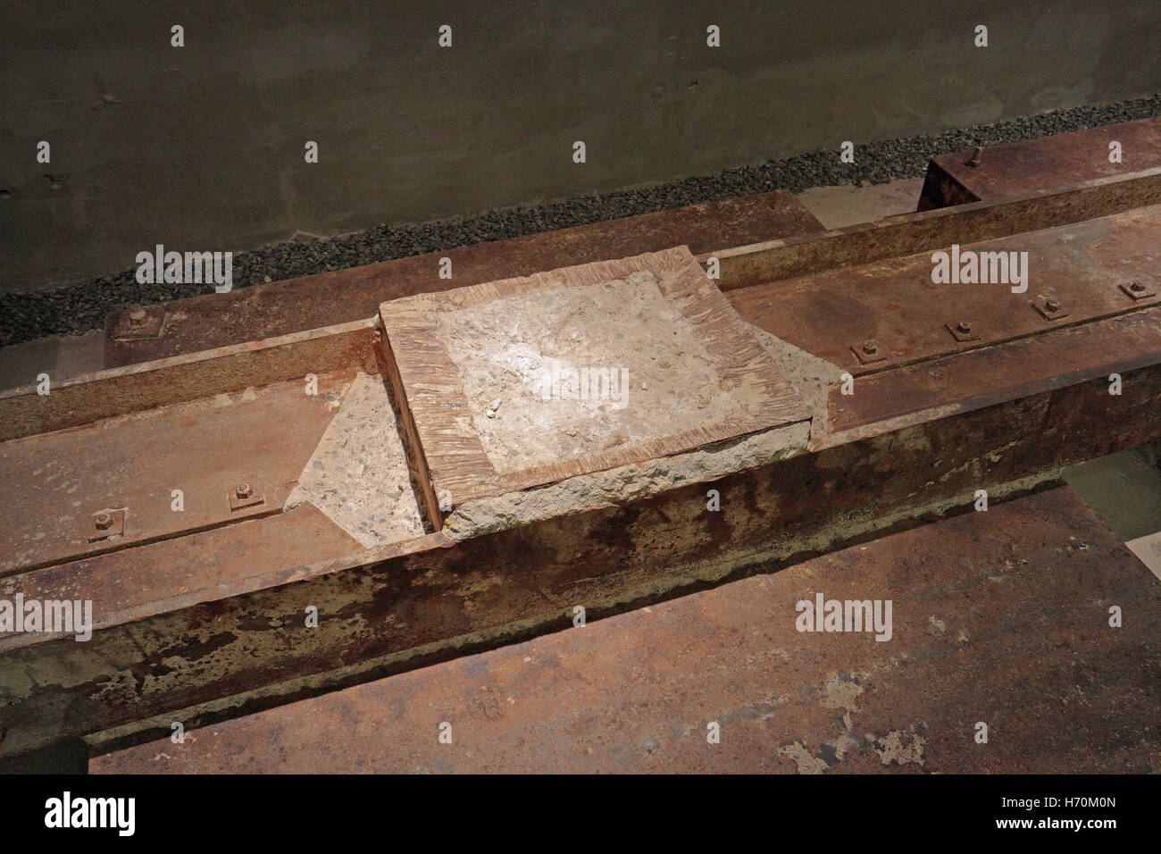 The remnant of a North Tower column below ground in the 9/11 Memorial Museum, Manhattan, New York. Stock Photo