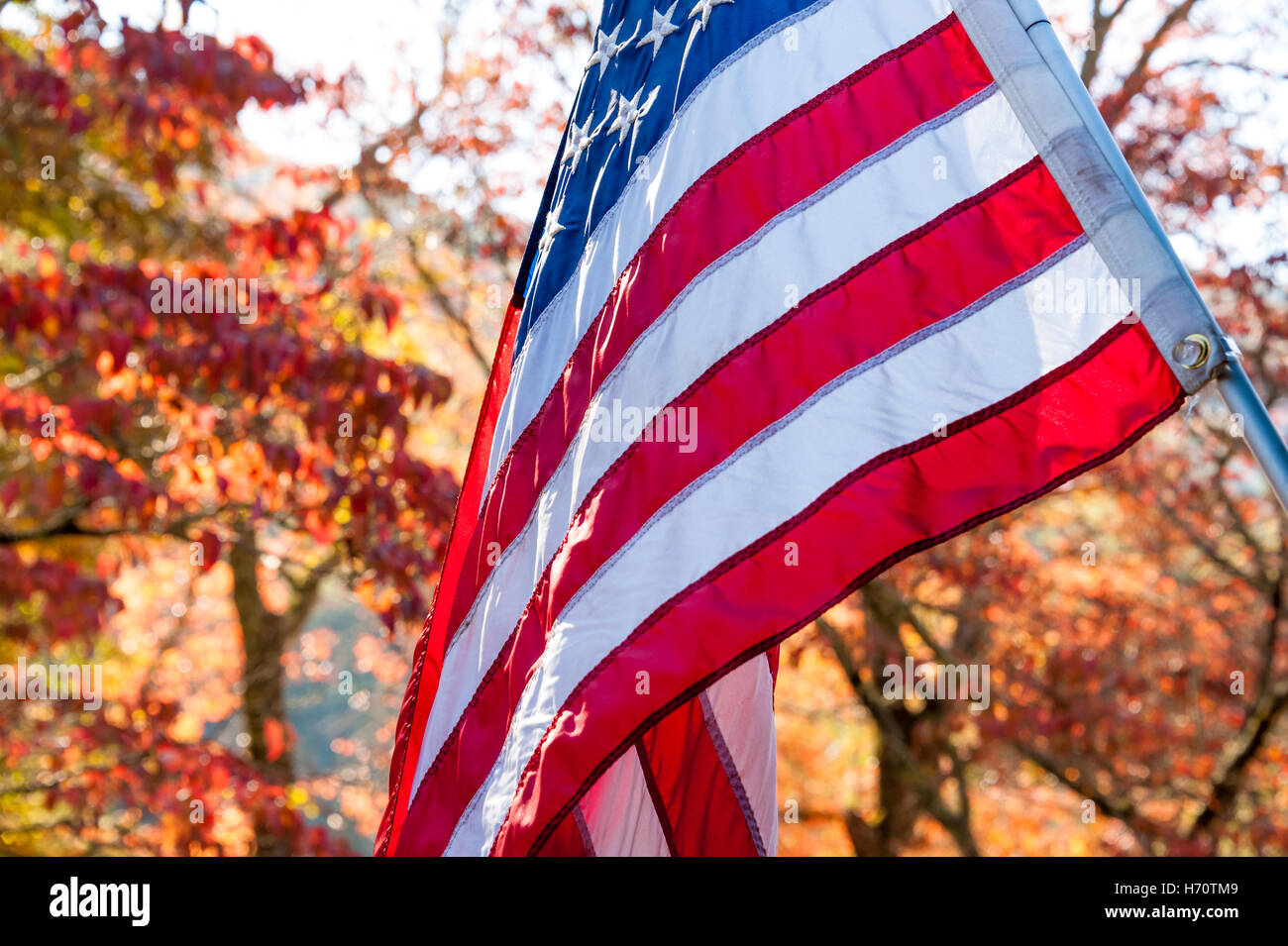 United States flag on a beautiful Autumn morning in the Blue Ridge Mountains. Stock Photo