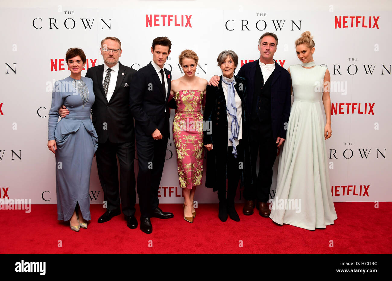 Claire Foy (left) and Matt Smith attending the season two premiere of The  Crown at the Odeon, Leicester Square, London Stock Photo - Alamy