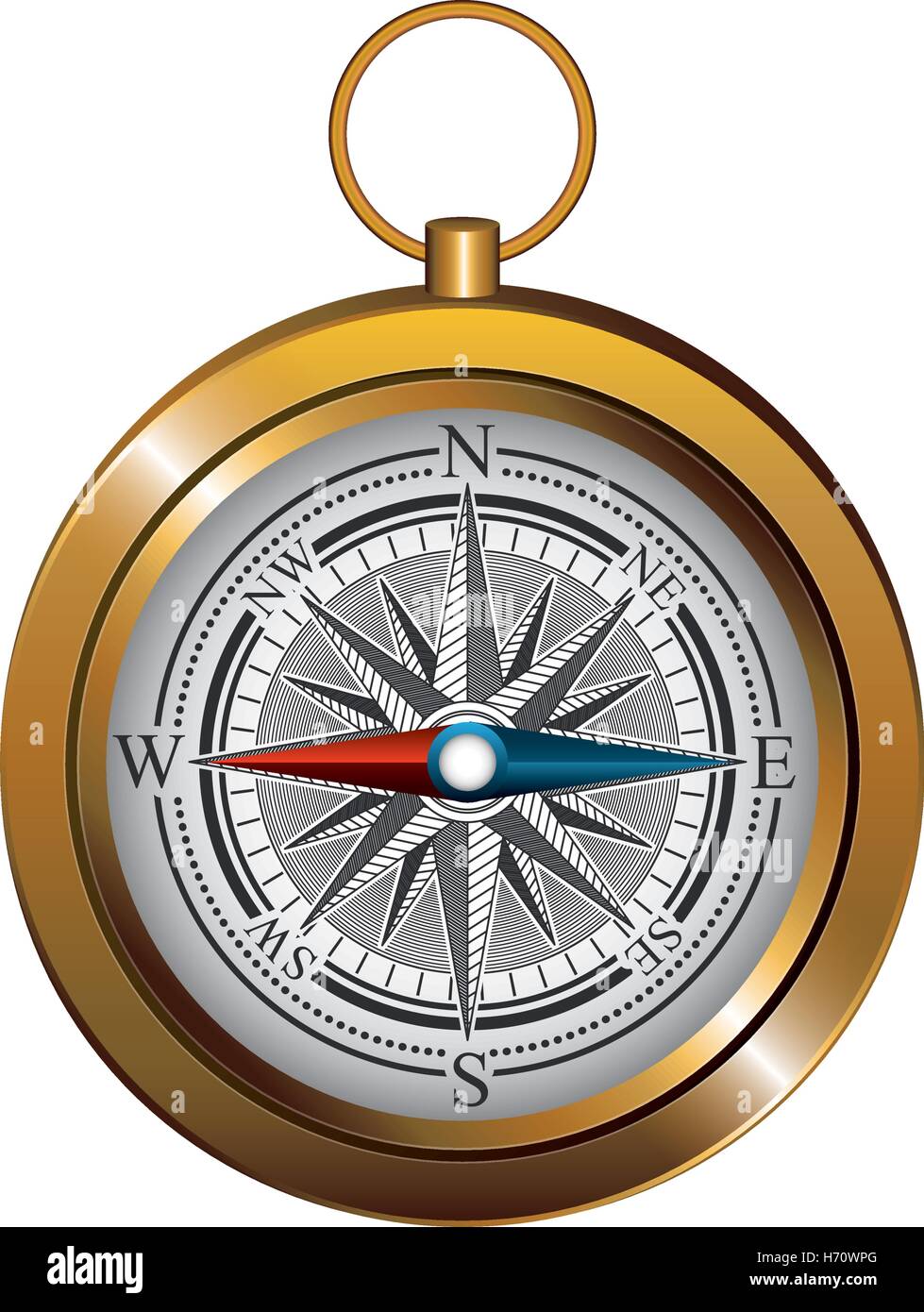 antique compass navigation device in gold color and over white