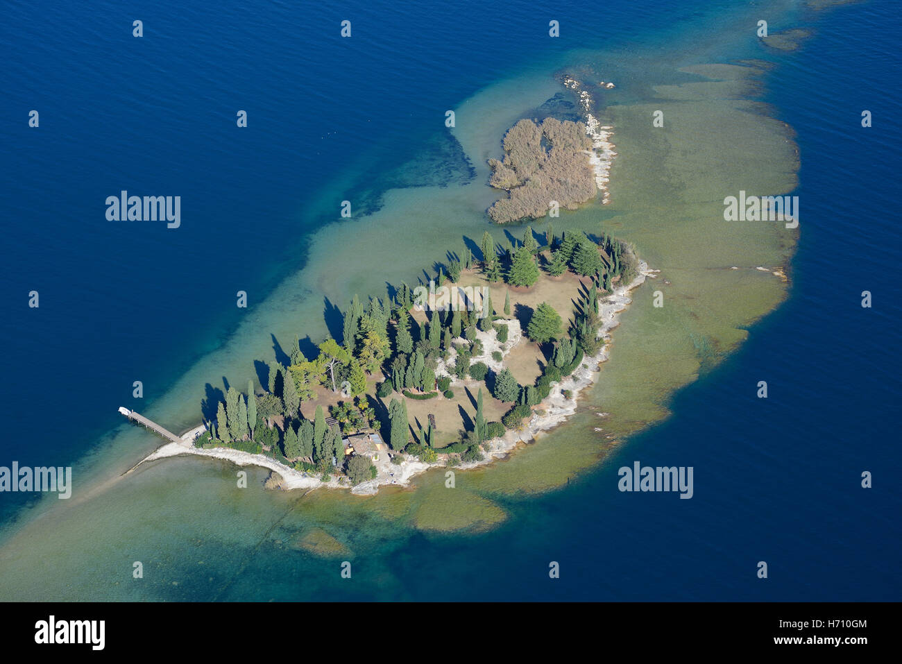 AERIAL VIEW. San Biagio Island. Manerba del Garda, Lake Garda, Province of Brescia, Lombardy