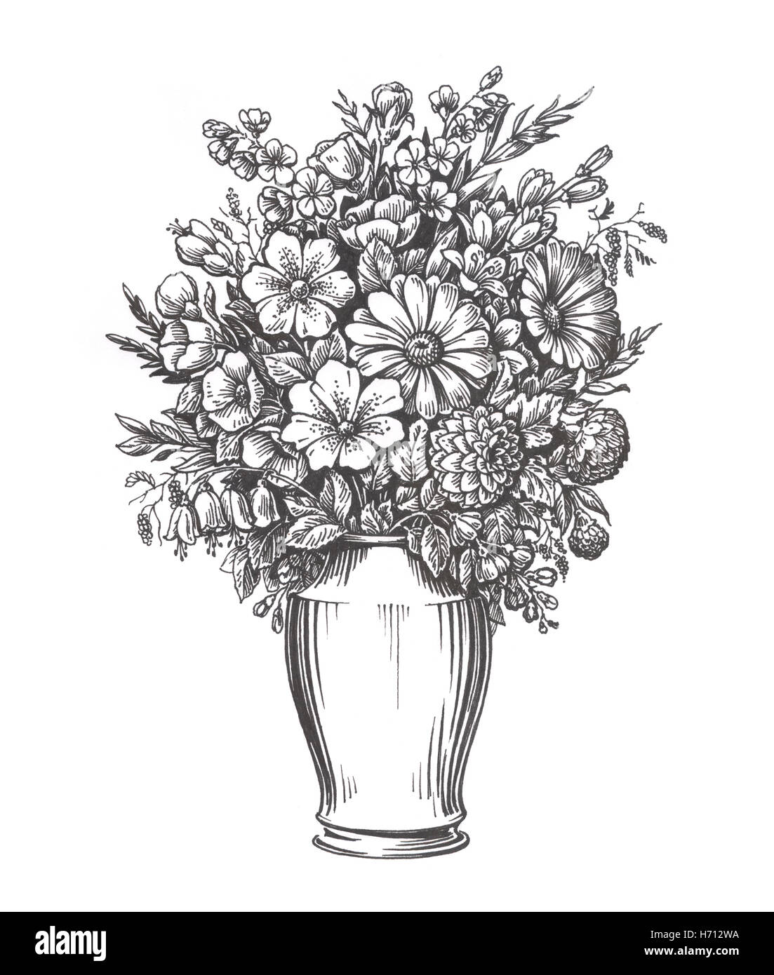 Vintage vase with flowers. Hand drawn sketch illustration Stock Photo