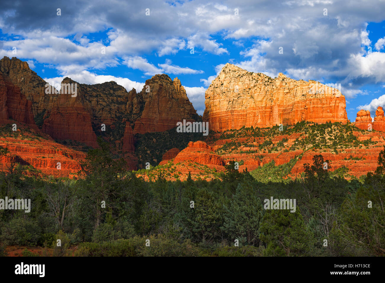Sunlight on the red rock formations in Sedona, Arizona Stock Photo