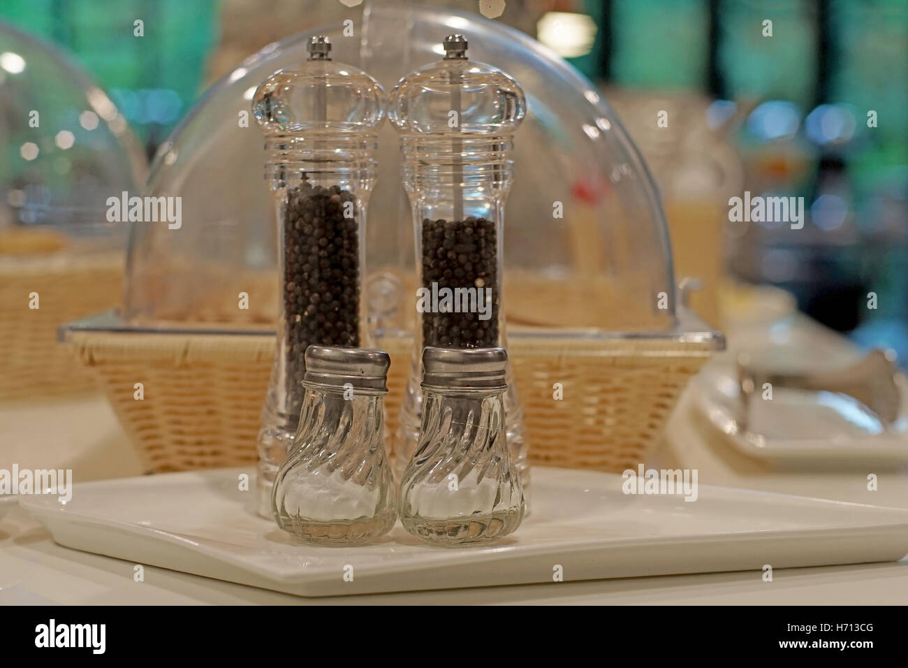 salt and pepper shakers on buffet line Stock Photo Alamy