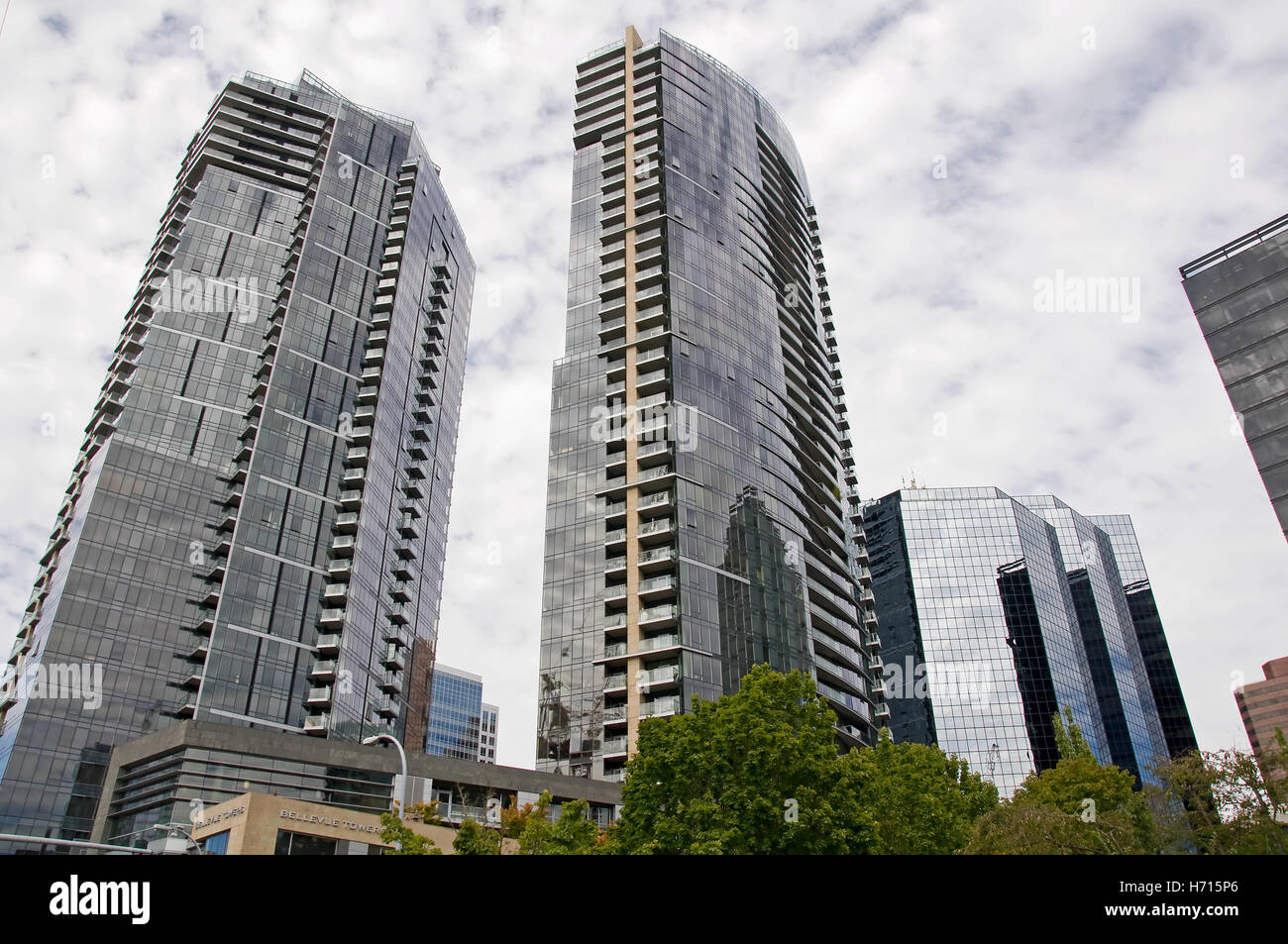 This is a couple of city skyscraper buildings on a cloudy day.  Taken in Bellevue, Washington Stock Photo