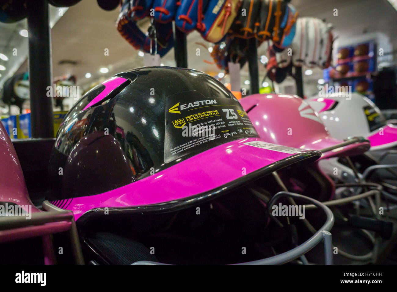 Easton brand baseball helmets in a sporting goods store in New York on