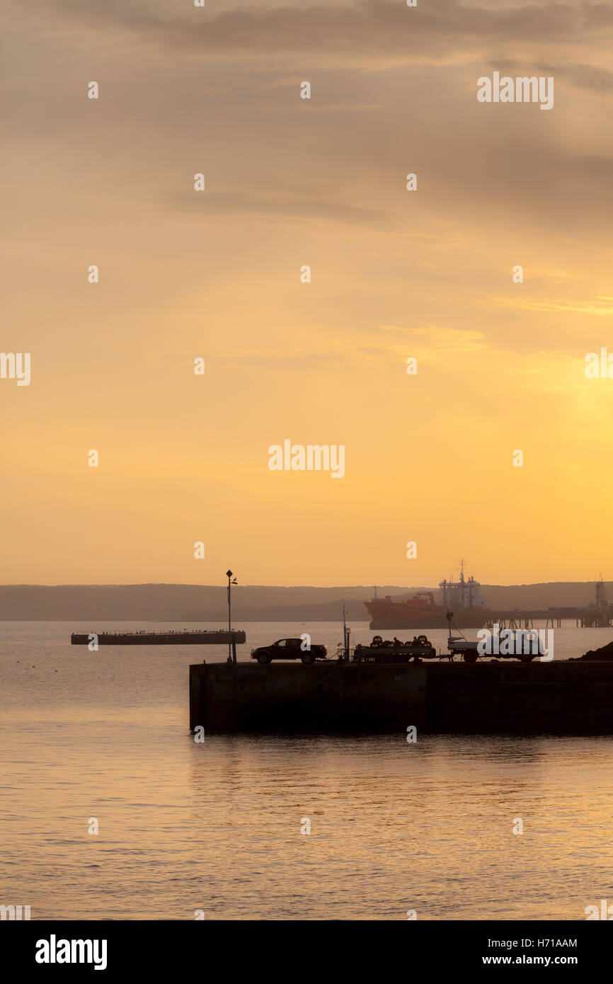 Fishermen landing a catch on the quay at Milford Haven with an oil tanker in the background. Stock Photo